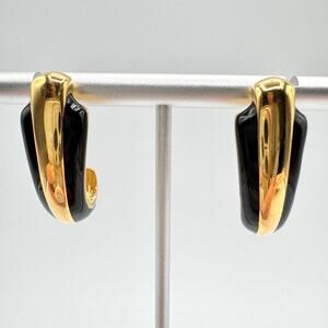 Vintage Napier Black Enamel J Hoop Earrings Art Deco Revival Signed 80s 90s Chic